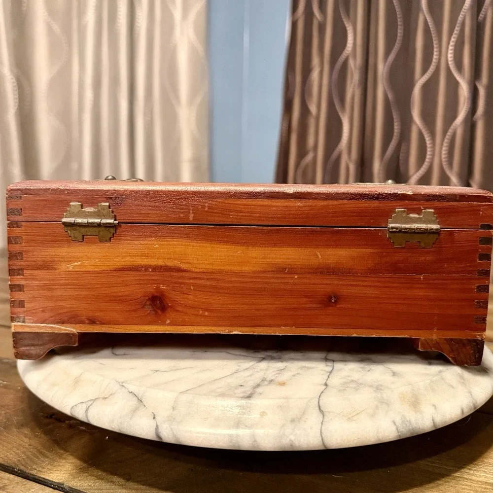 VTG Mirror Wooden Jewelry Trinket Box Cedar Wood Chest Mortise & Tenon Footed